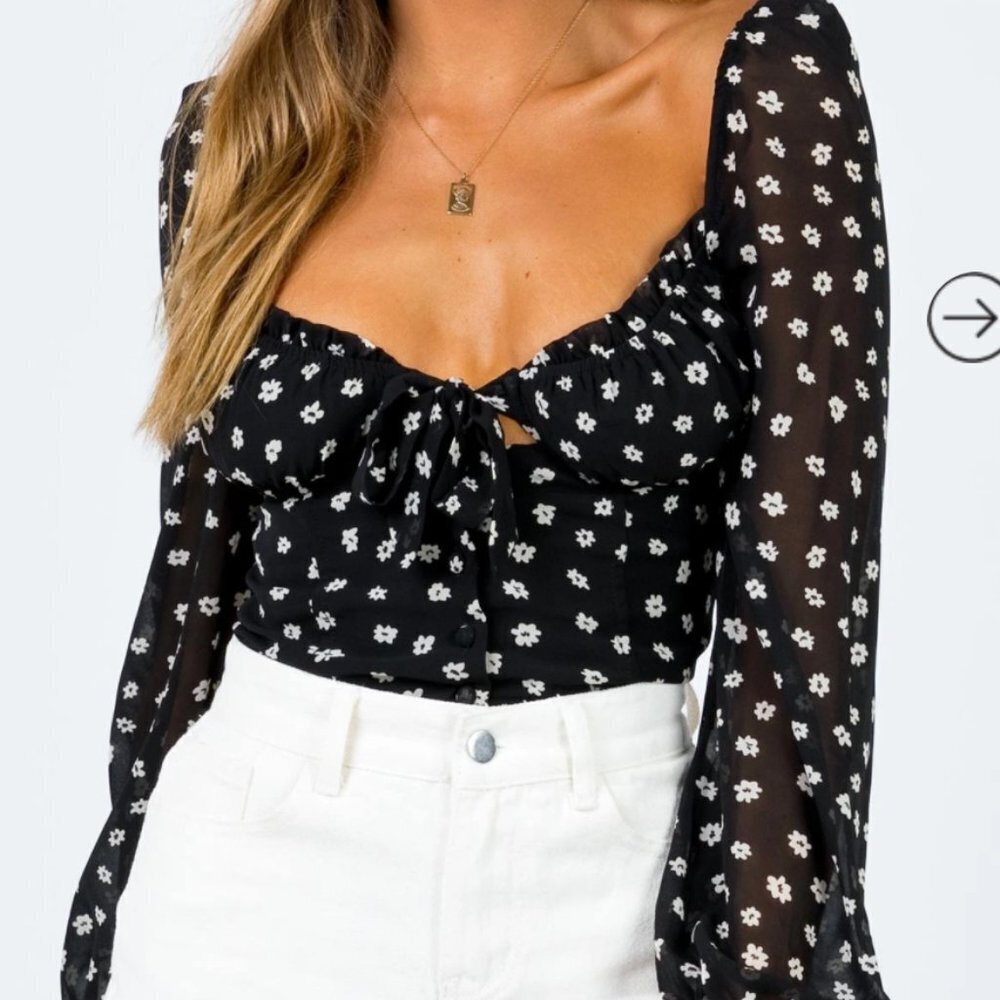 Floral Black Top with Sheer Sleeves